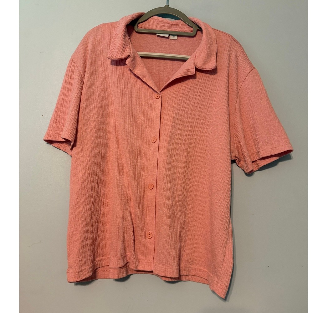 Haband Women's 2X Pink Crinkle Texture Short Sleeve Button Up Camp Shirt 2049